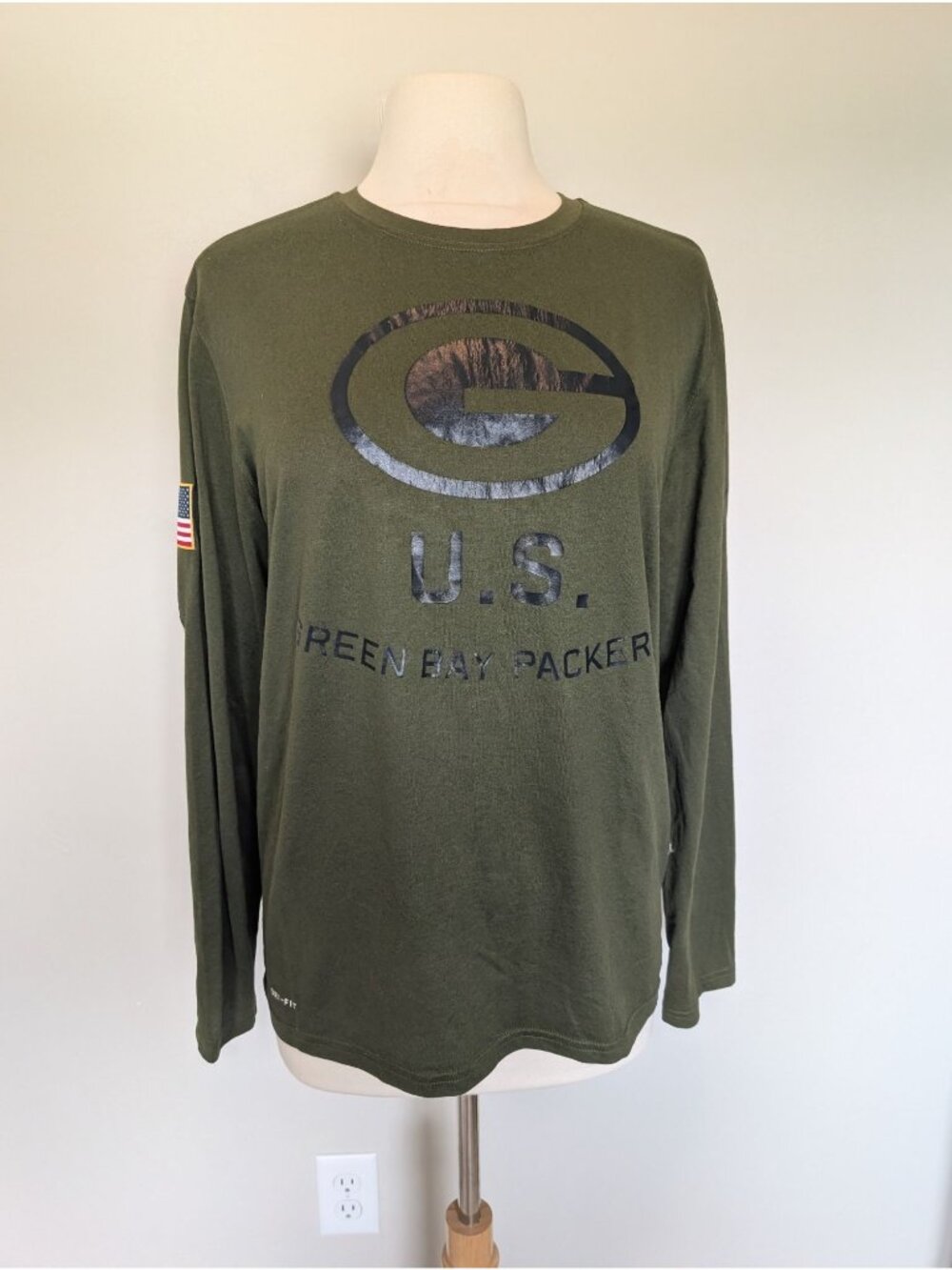 Nike Green Bay Packers Long Sleeve NFL Tee Dri-FIT Army Green Mens Large